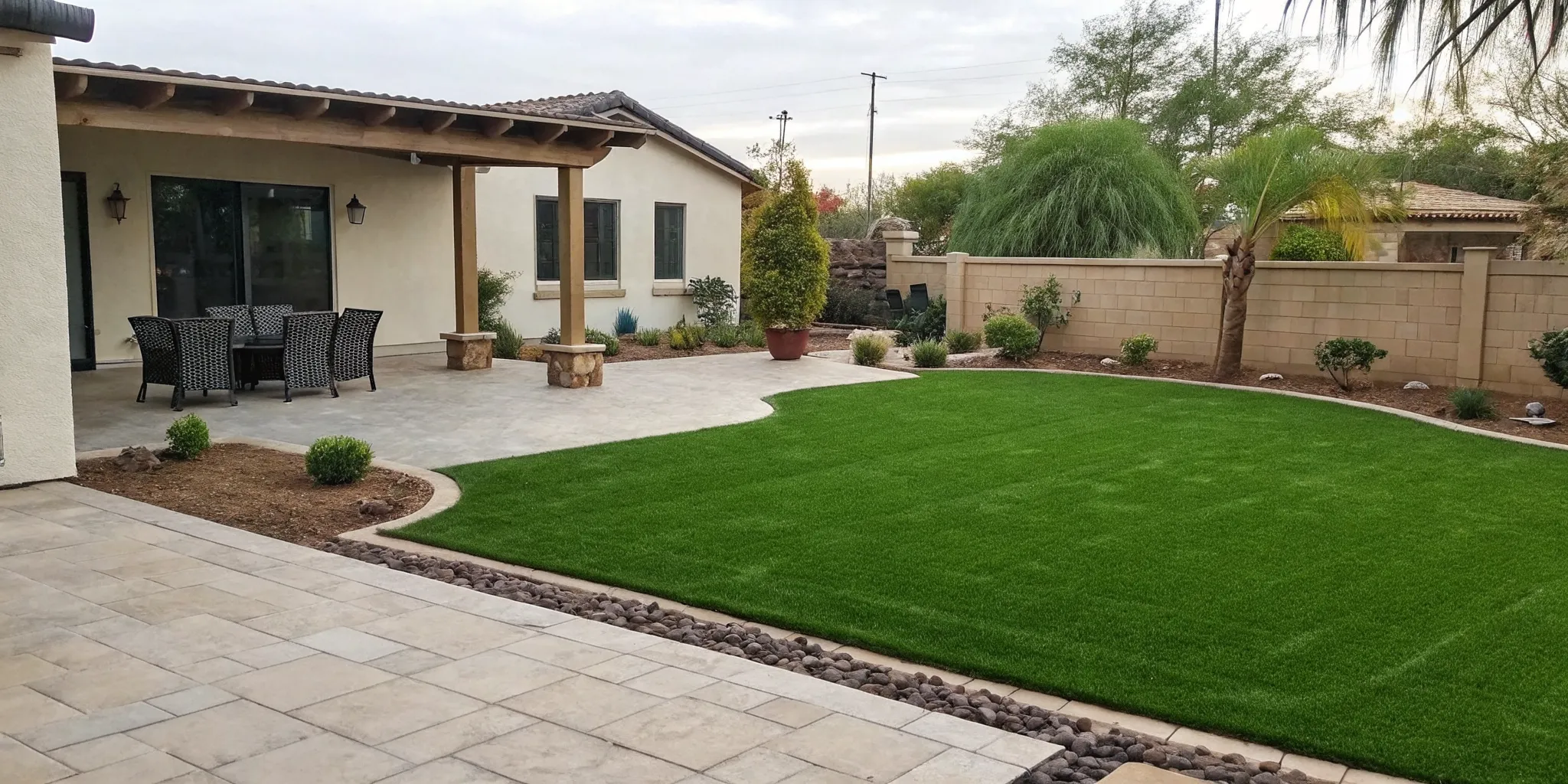 A modern backyard with newly installed artificial turf, a key factor in the overall project cost.