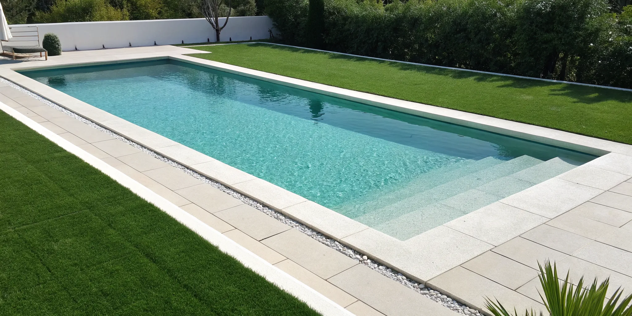 A modern pool with a safe, low-maintenance artificial grass surround.