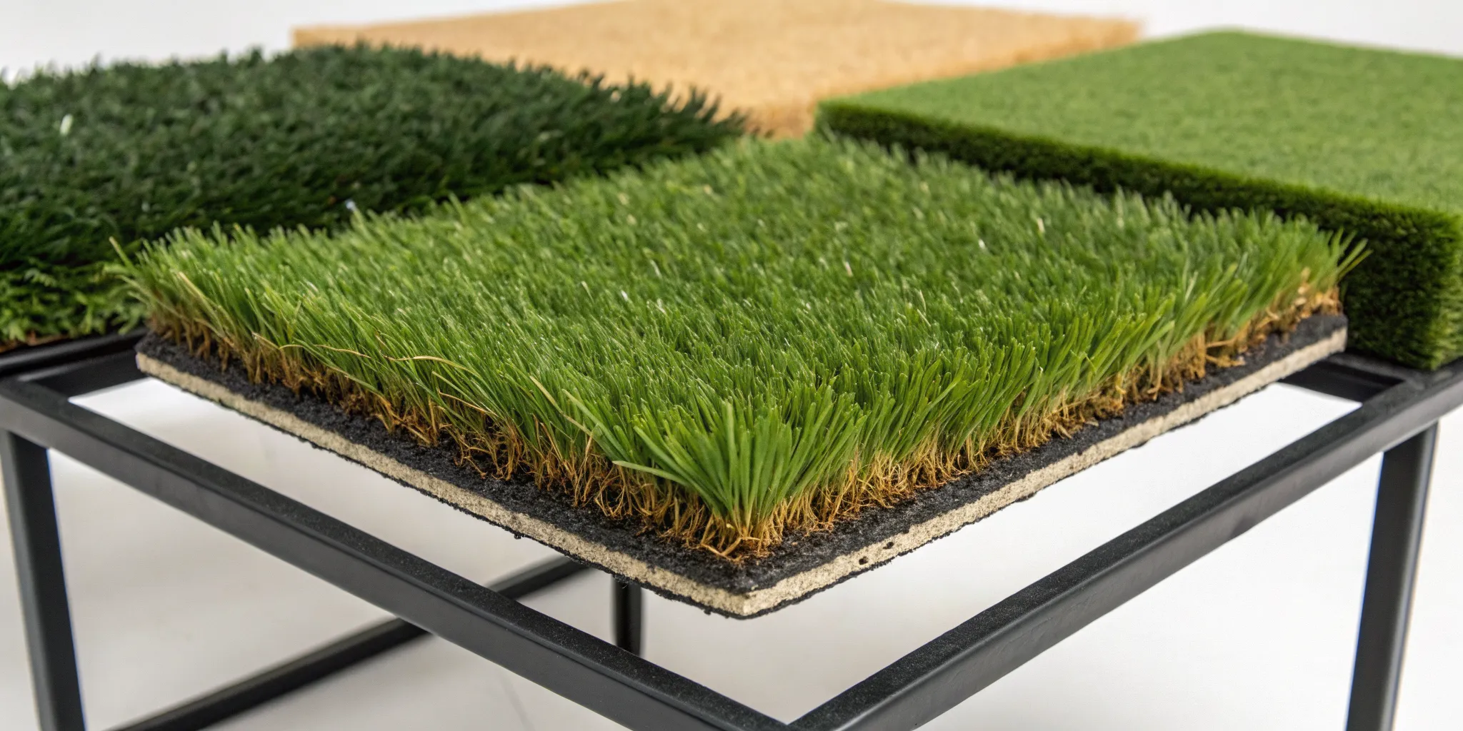 A selection of wholesale artificial turf samples with different densities and pile heights.