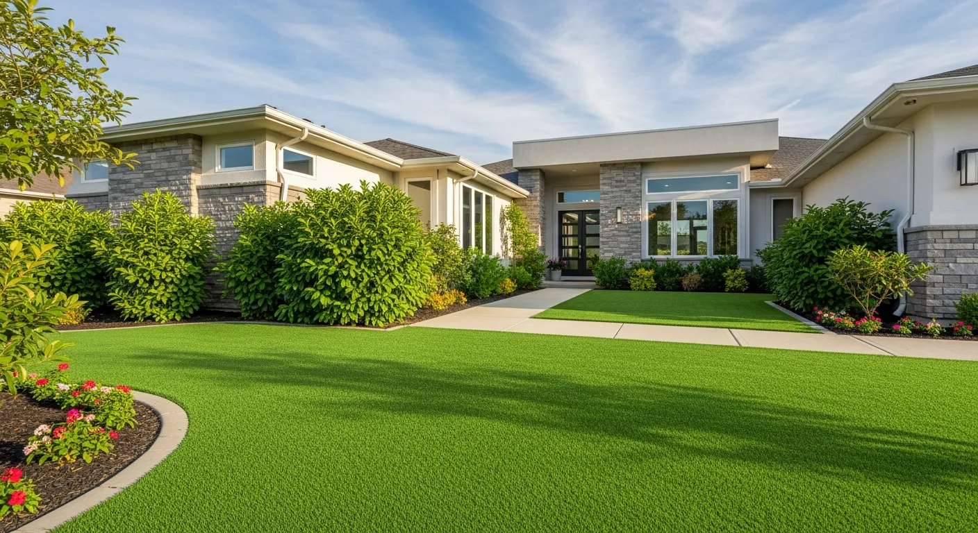 Beautiful residential front yard with lush green artificial grass lawn and modern home exterior