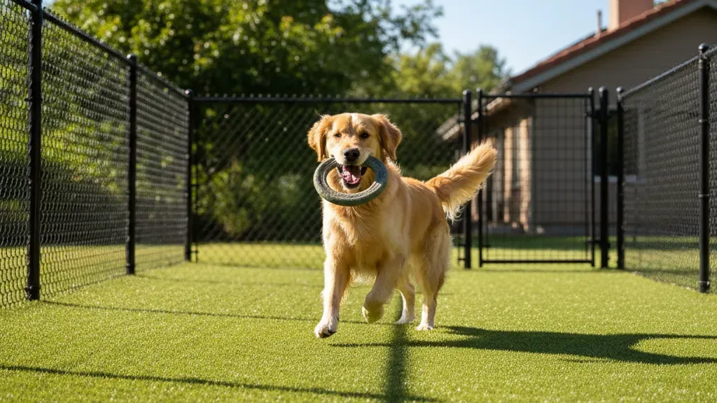 Golden retriever playing on green artificial turf in a fenced backyard dog run