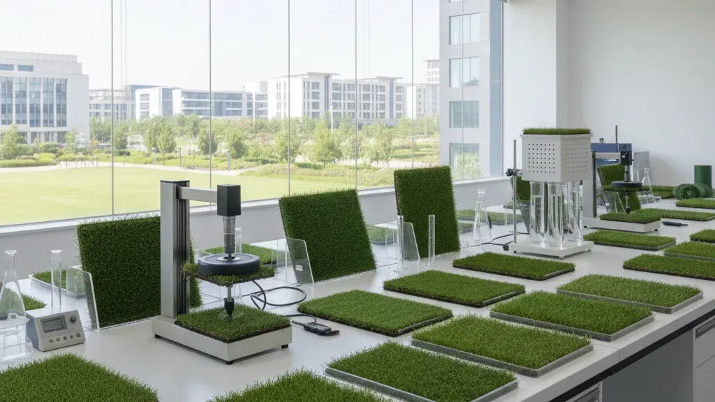 Synthetic turf sample undergoing ASTM laboratory testing for safety and durability