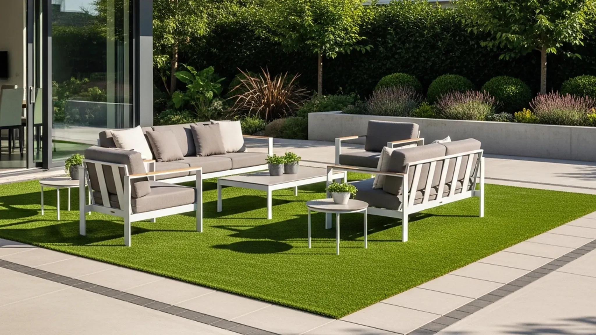 Green artificial turf installed on a residential concrete patio with outdoor furniture