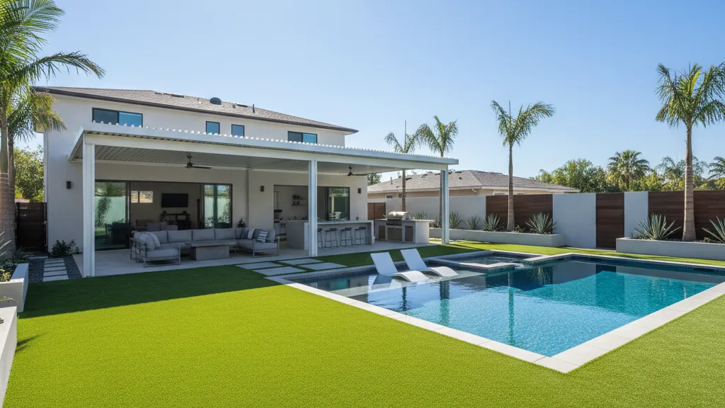 Backyard synthetic turf installation with pool area showing year-round green appearance