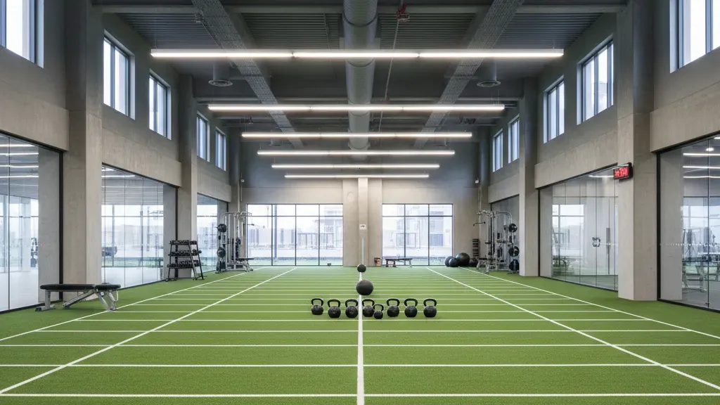 Green synthetic turf flooring installed in a modern indoor gym facility
