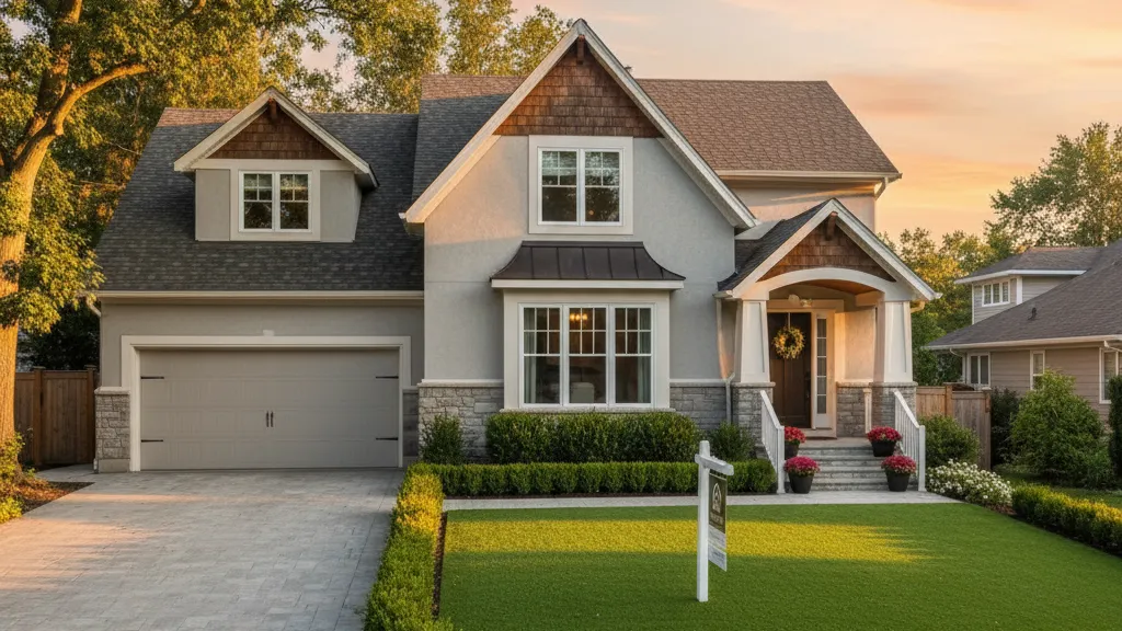 Modern home with lush synthetic turf front yard increasing curb appeal and property value