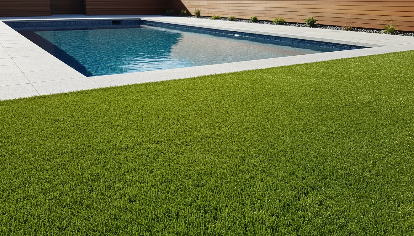 Artificial turf around pool area with clean drainage-friendly design