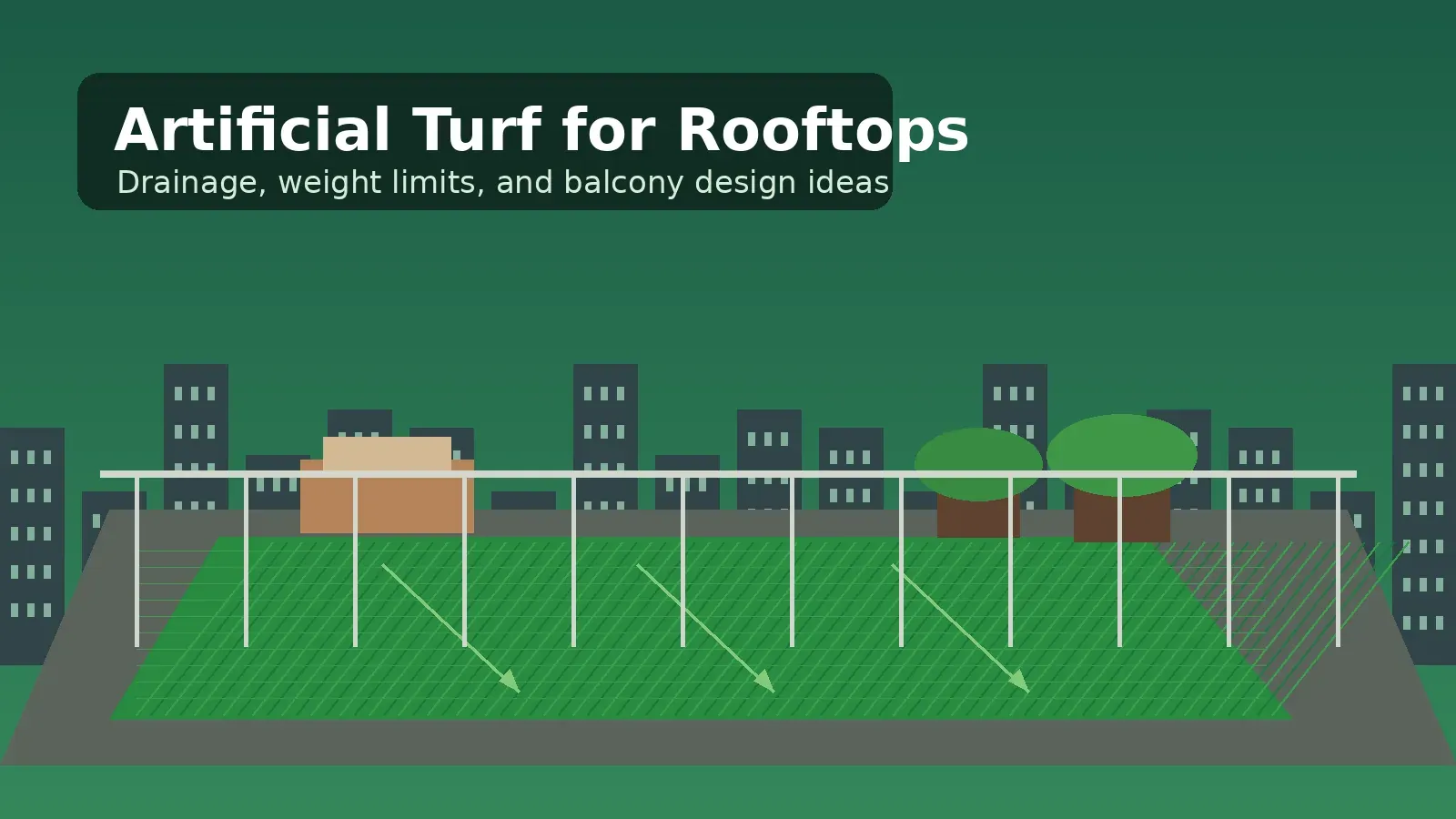 Artificial turf for rooftop lounge with drainage planning and balcony design features