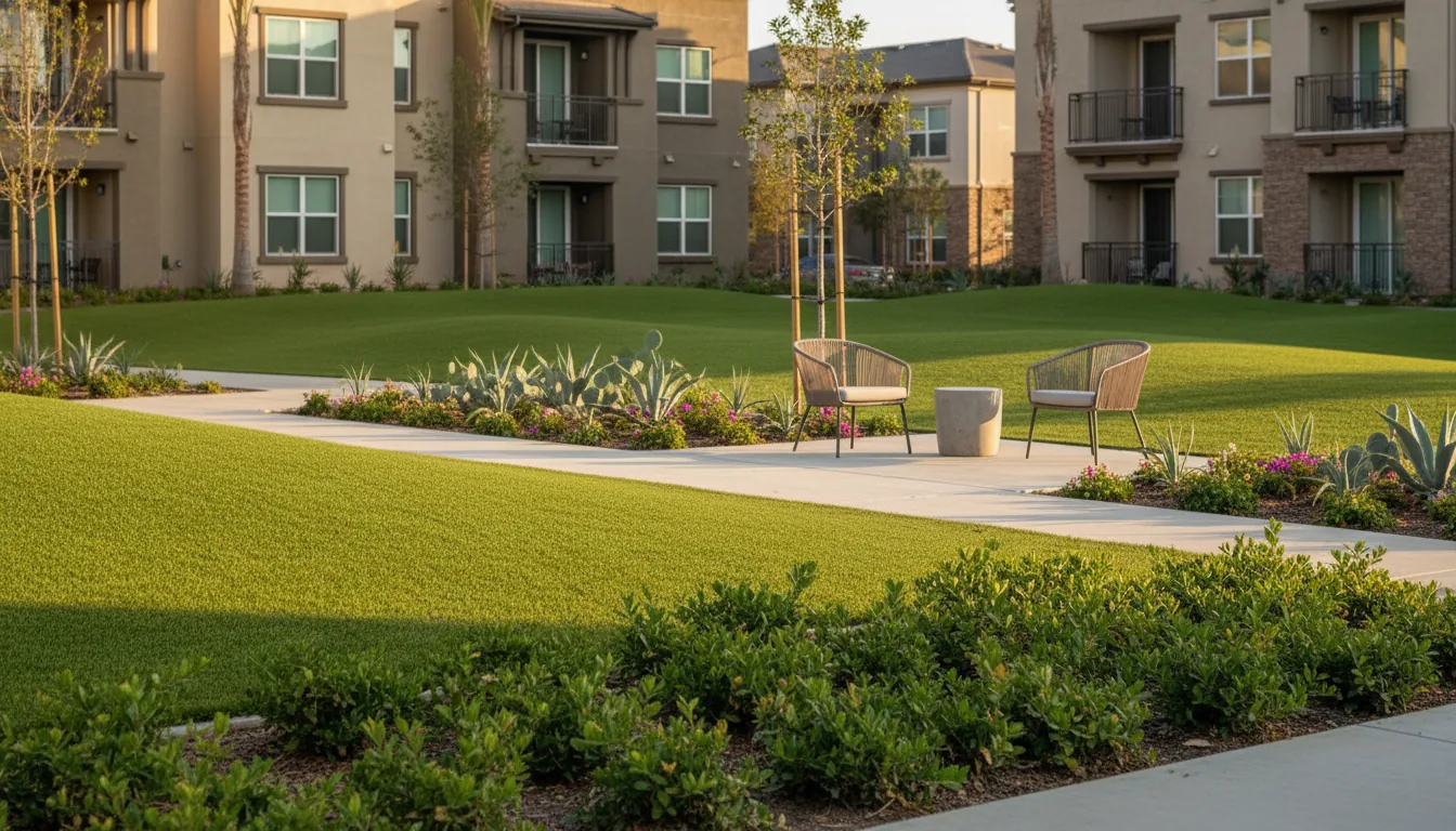Artificial turf for HOA common areas with shared walkways and drought-tolerant landscaping