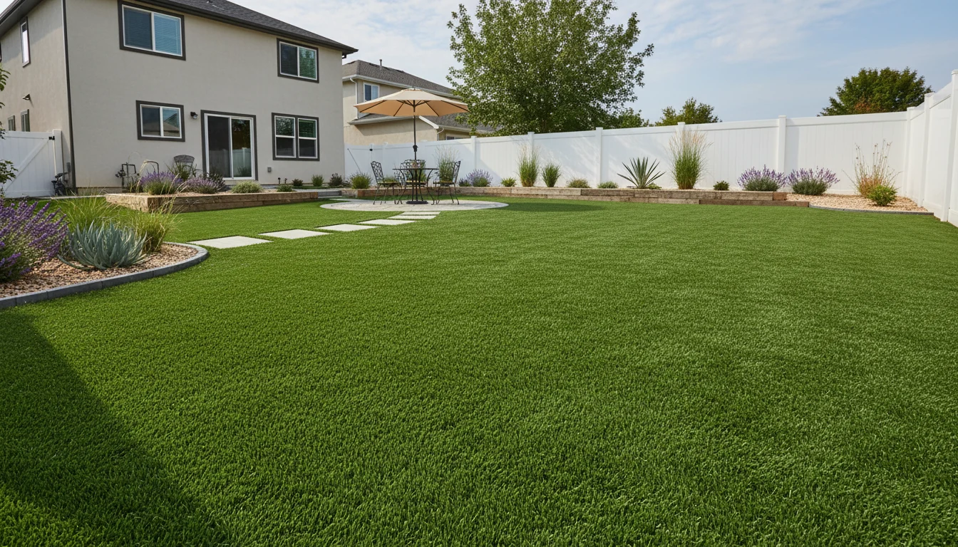 Artificial turf landscaping ideas with a clean synthetic lawn, patio seating, pavers, and drought-tolerant garden beds
