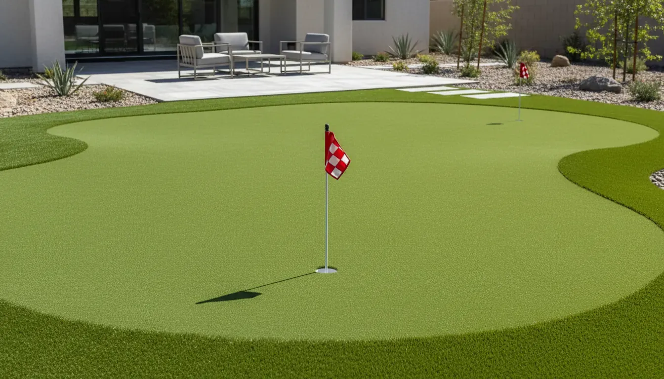 Backyard putting green cost guide showing a professionally installed synthetic turf putting surface