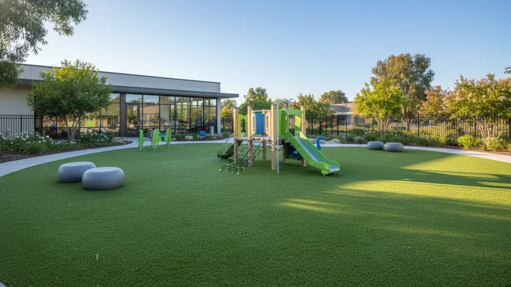 Artificial turf for daycare outdoor play area with playground equipment
