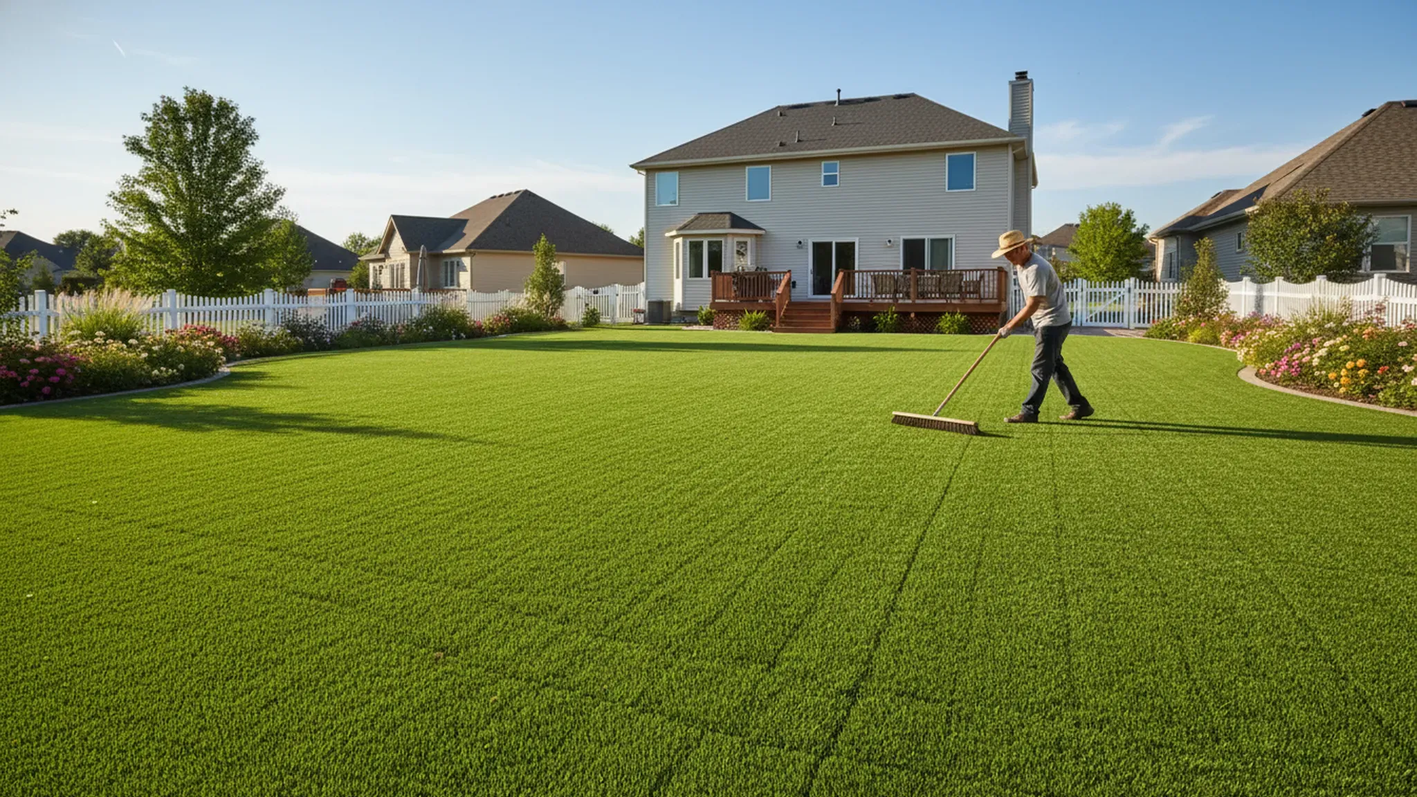 Person brushing and maintaining lush green artificial turf in a sunny backyard