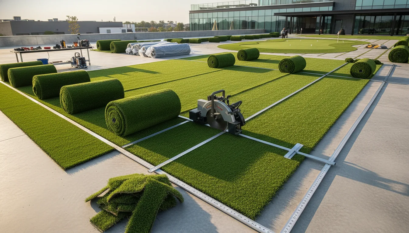 Custom artificial turf rolls being measured and prepared for a make-to-order installation