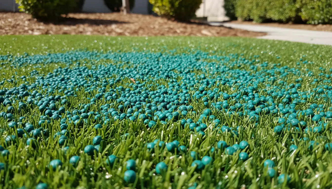Emerald green Envirofill antimicrobial infill granules spread across synthetic turf fibers